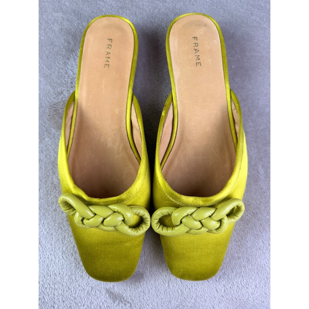 FRAME $348 Chartreuse Satin Le Island Flat 6 Braided Knot Mules Square Toe Green - Picture 4 of 9